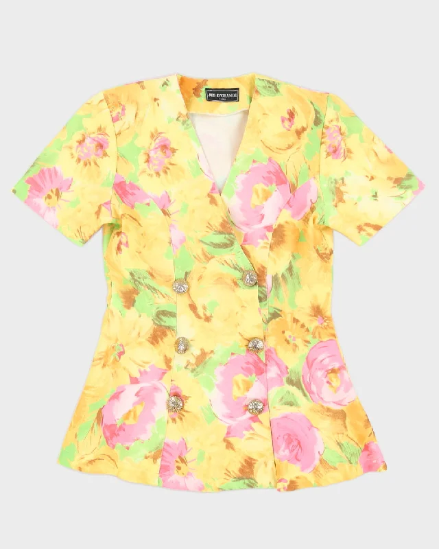 00s Yellow Floral Short Sleeve Blazer Jacket - M