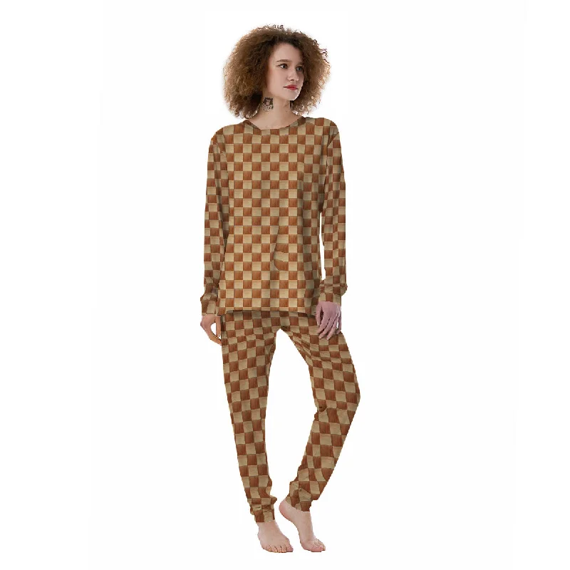 Chess Board Wood Print Pattern Women's Pajamas