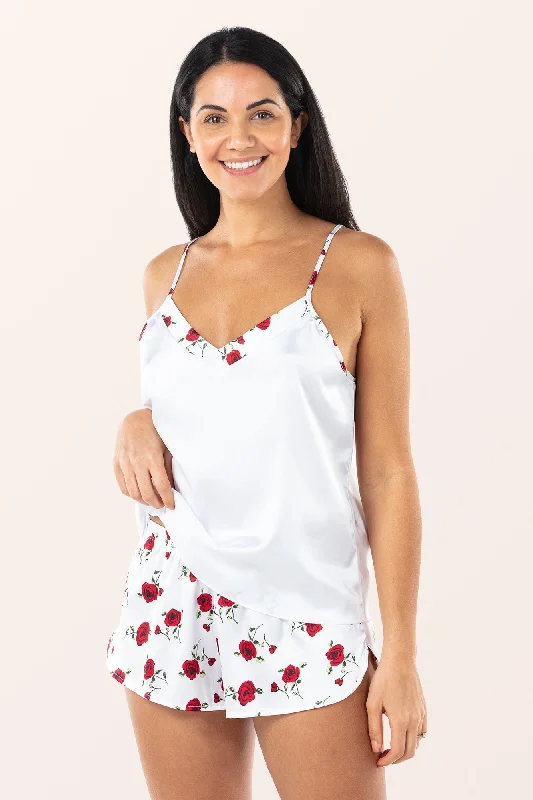 Satin 2-Piece Nightwear Set - White Red Roses