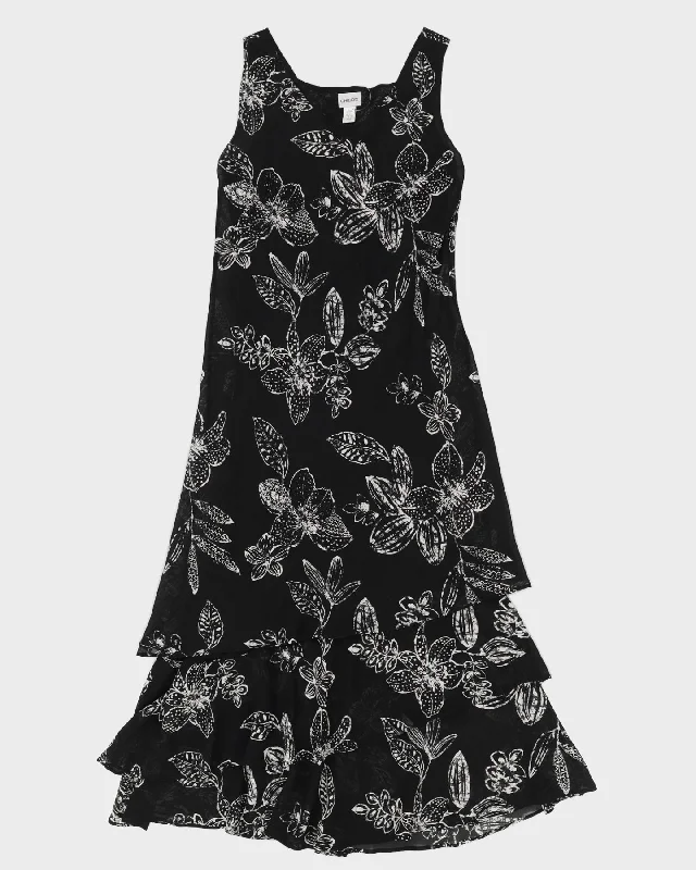 Vintage 90s Chico's Black & White Floral Silk Dress - S