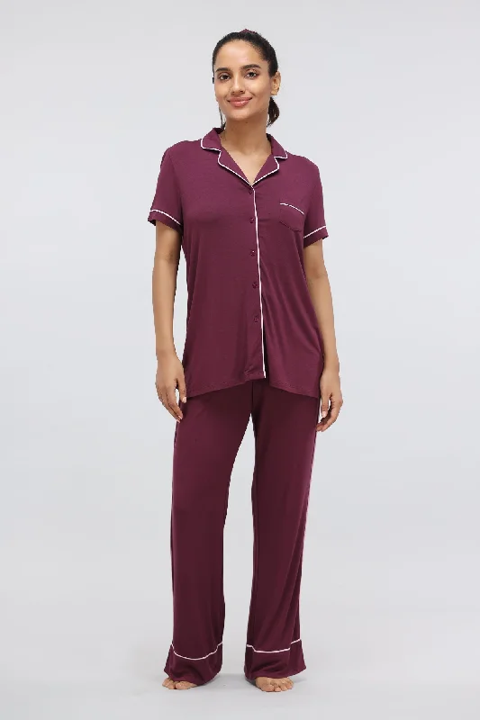 Wine Button Down Piping Modal Pajama Set