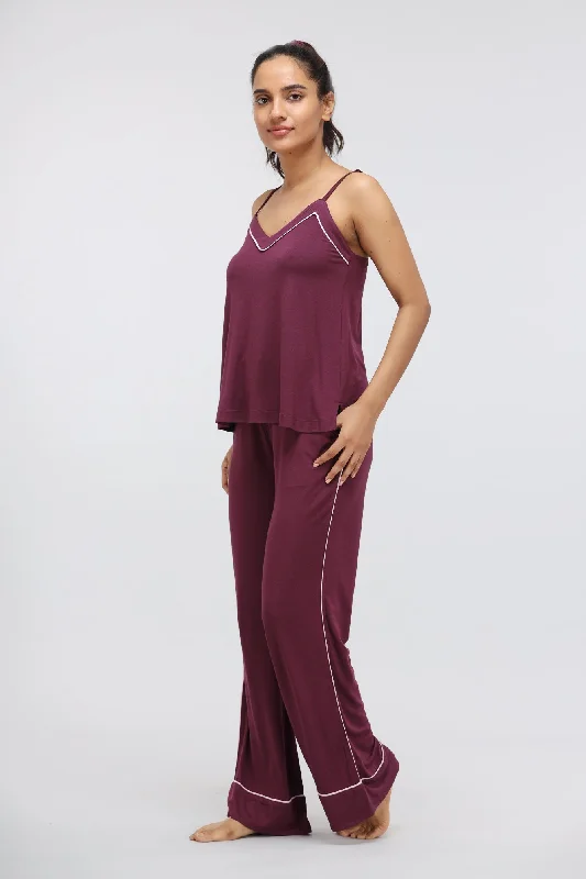 Wine Piping Modal Pajama Set with Tank Top