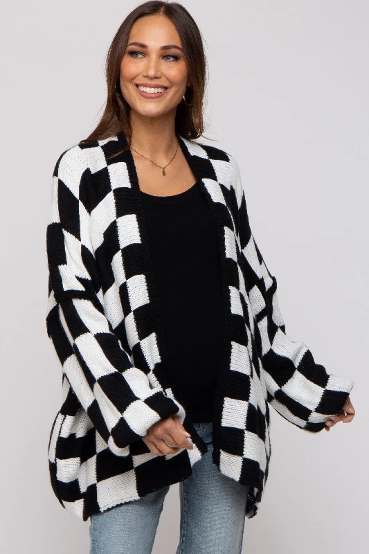 Black Checkered Print Oversized Maternity Cardigan