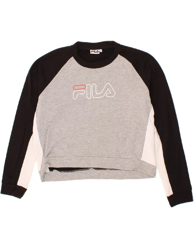 FILA Womens Crop Graphic Sweatshirt Jumper UK 16 Large Grey Colourblock