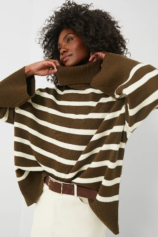 Military Olive and Ecru Striped Turtleneck Sweater