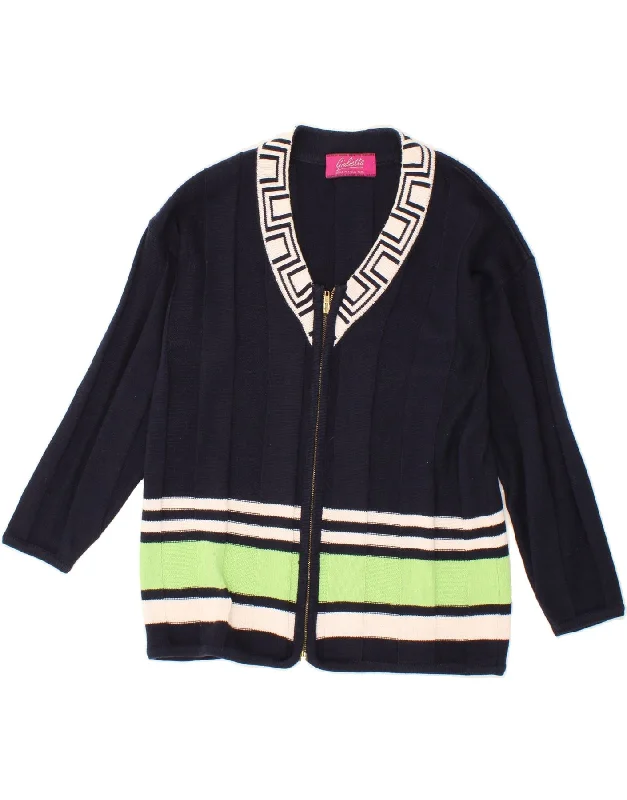 VINTAGE Womens Cardigan Sweater UK 12 Medium Navy Blue Striped Cotton