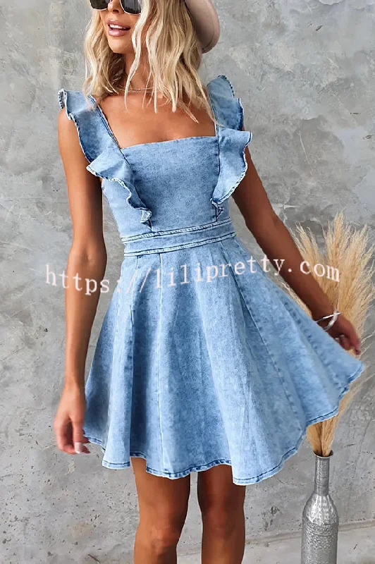 Sweet Secret Denim Square Neck Ruffle Sleeve Stretch Mini Dress