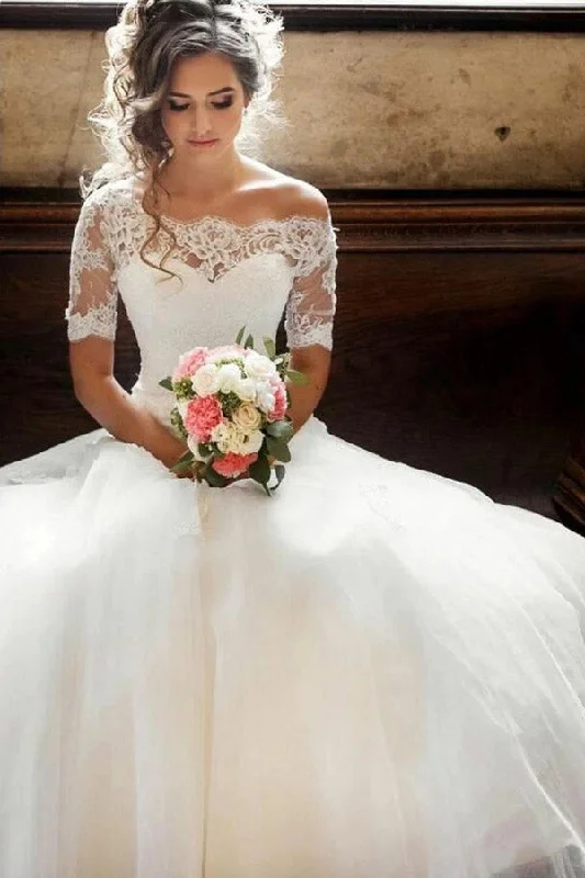 A Line Half Sleeves Lace Wedding Dresses Princess Wedding Dress