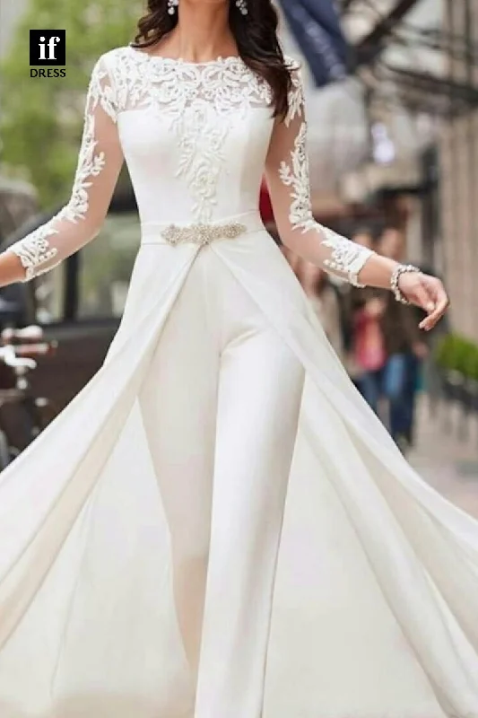 71095 - Jumpsuits/Rompers Long Sleeves Appliques Detachable Sweep Wedding Gown