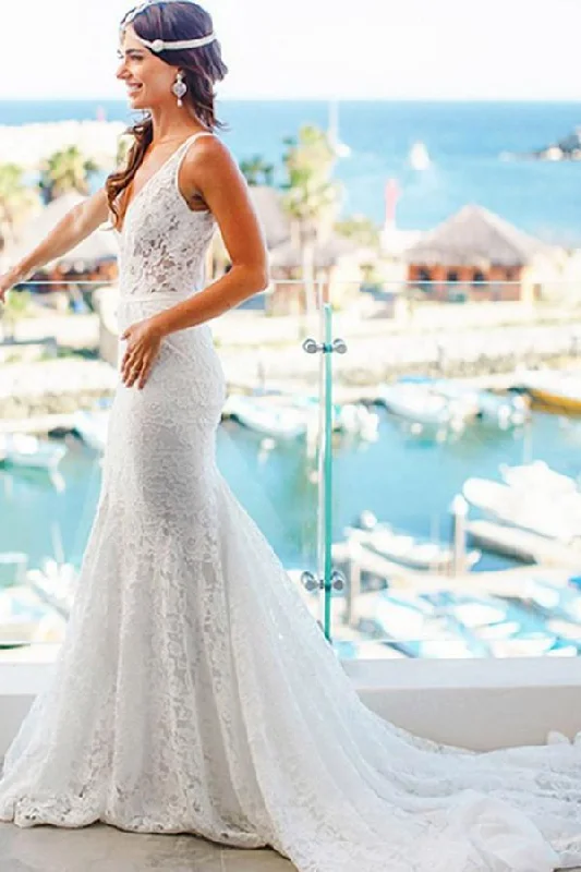 Elegant Mermaid Lace V-neck Court Train Ivory Sleeveless Beach Wedding Dresses WK314