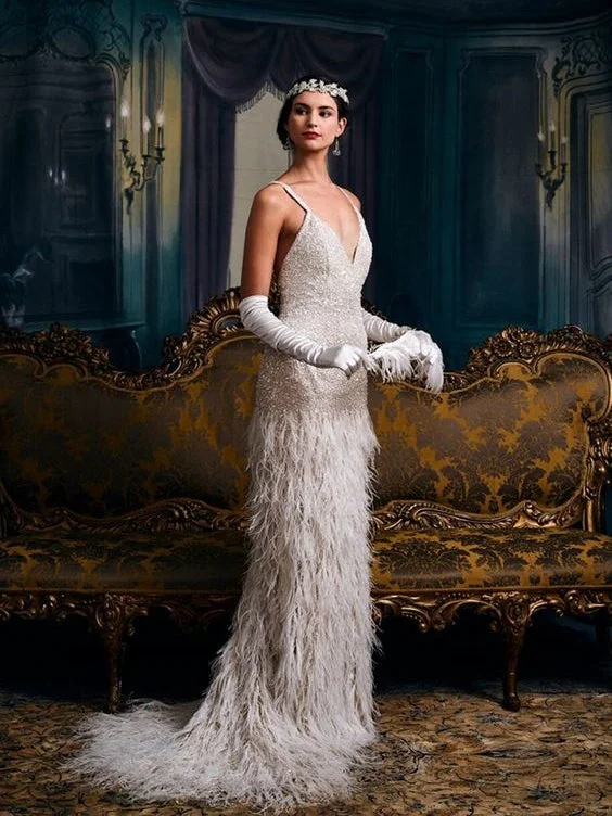 Great Gatsby Themed Wedding Dresses, Beaded  Feather Luxury Wedding Dresses, Newest Bridal Gown, 2022 Wedding Dresses