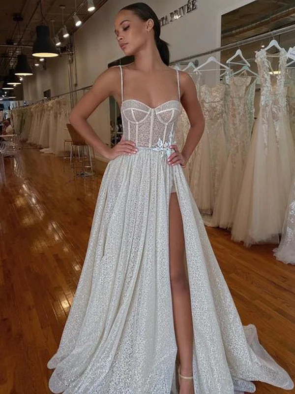 Lovely Spaghetti Straps Side Slit Long Wedding Dresses,WDS0125