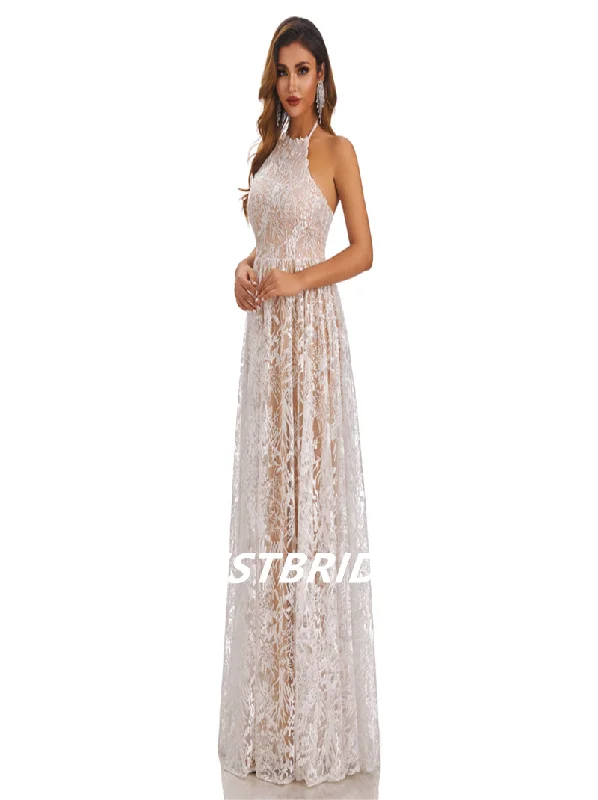 Lvory Lace Chiffon Halter A-line Applique Floor-length Wedding Dresses, WDY0179