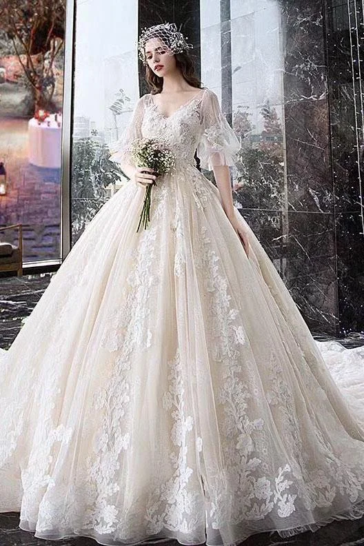 Princess Half Sleeve Ball Gown Wedding Dresses Appliques V Neck Bridal Dresses WK774