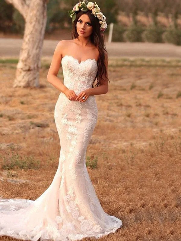 Trumpet/Mermaid Lace Applique Sweetheart Sleeveless Sweep/Brush Train Wedding Dresses TPP0005919