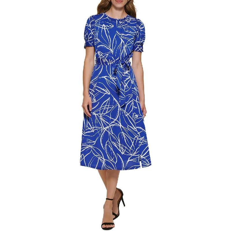 Womens Puff Sleeve Printed Midi Dress