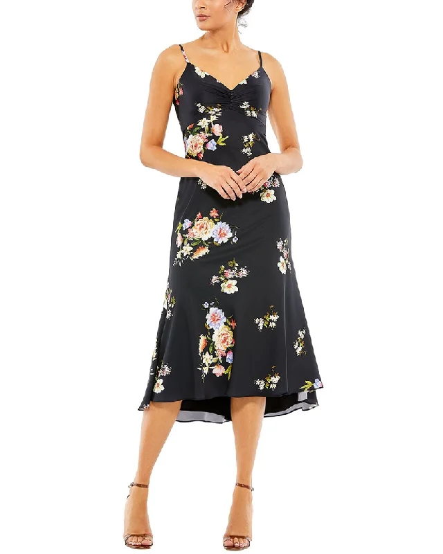 Mac Duggal Floral Print Button Bodice Empire Midi Dress