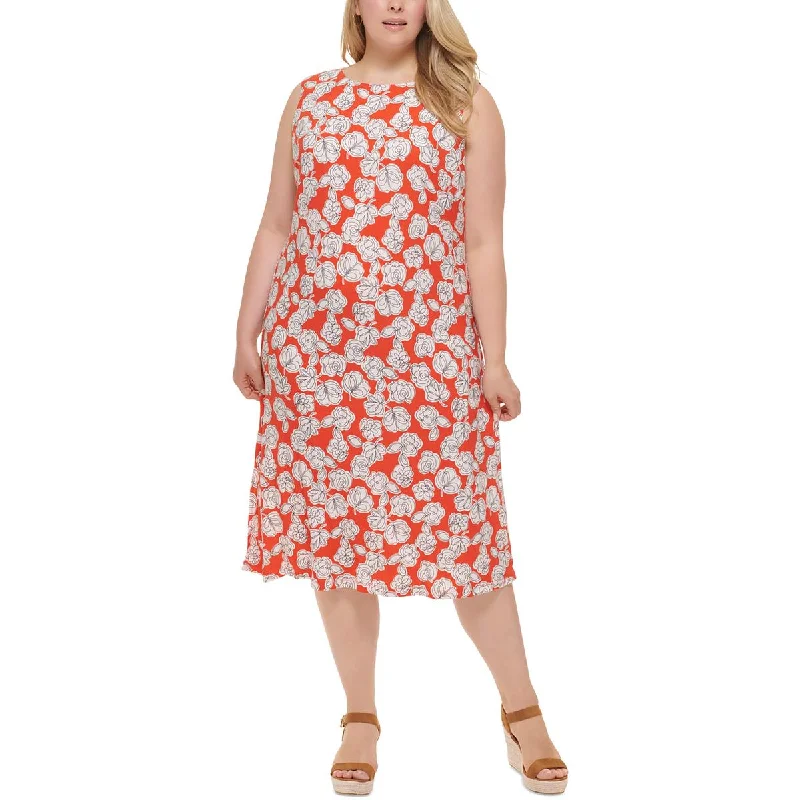 Plus Womens Floral Print Polyester Midi Dress