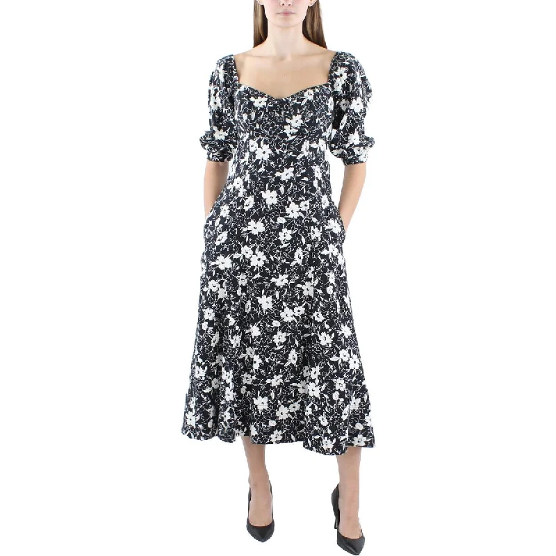 Womens Linen Mid-Calf Midi Dress