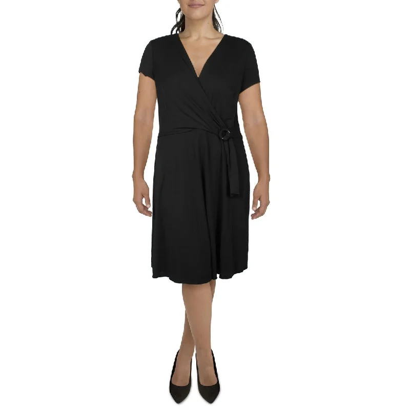 Womens Midi Faux-Wrap Shift Dress