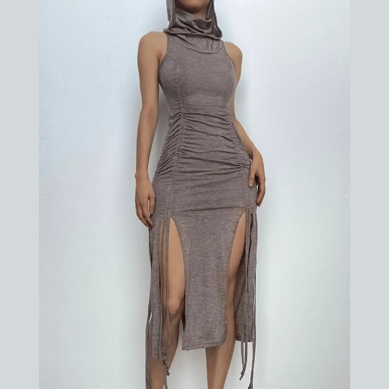 Drawstring hoodie sleeveless solid slit high neck midi dress