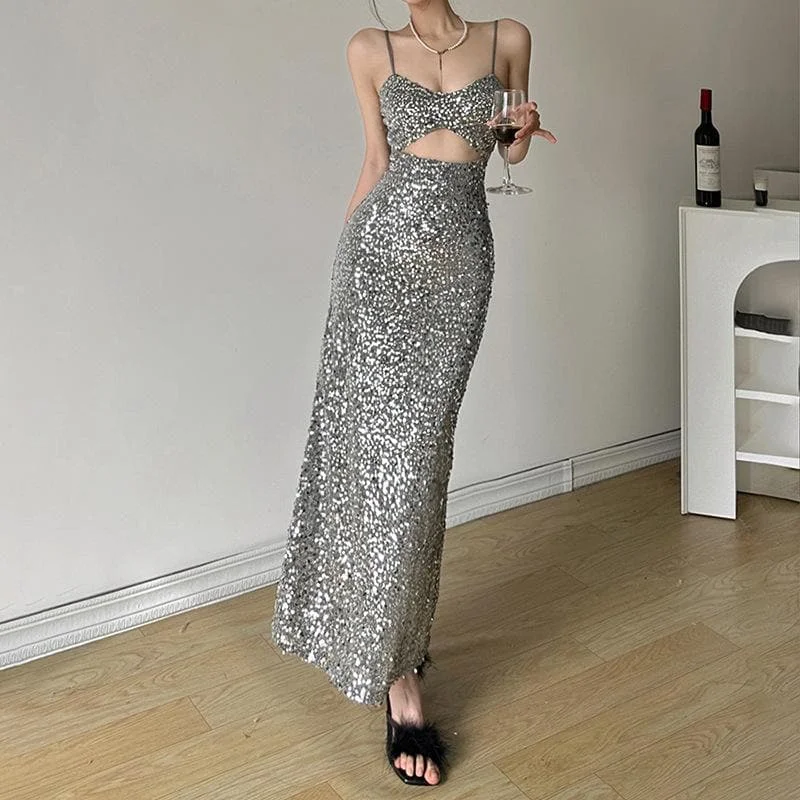 Glitter hollow out cami cut out midi dress