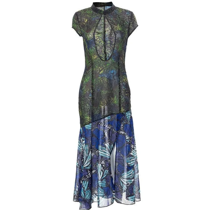 Short sleeve hollow out slit butterfly print see through cut out midi dress