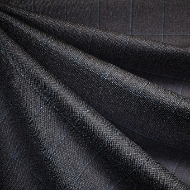 Large Grid Plaid Fine Wool Suiting Charcoal