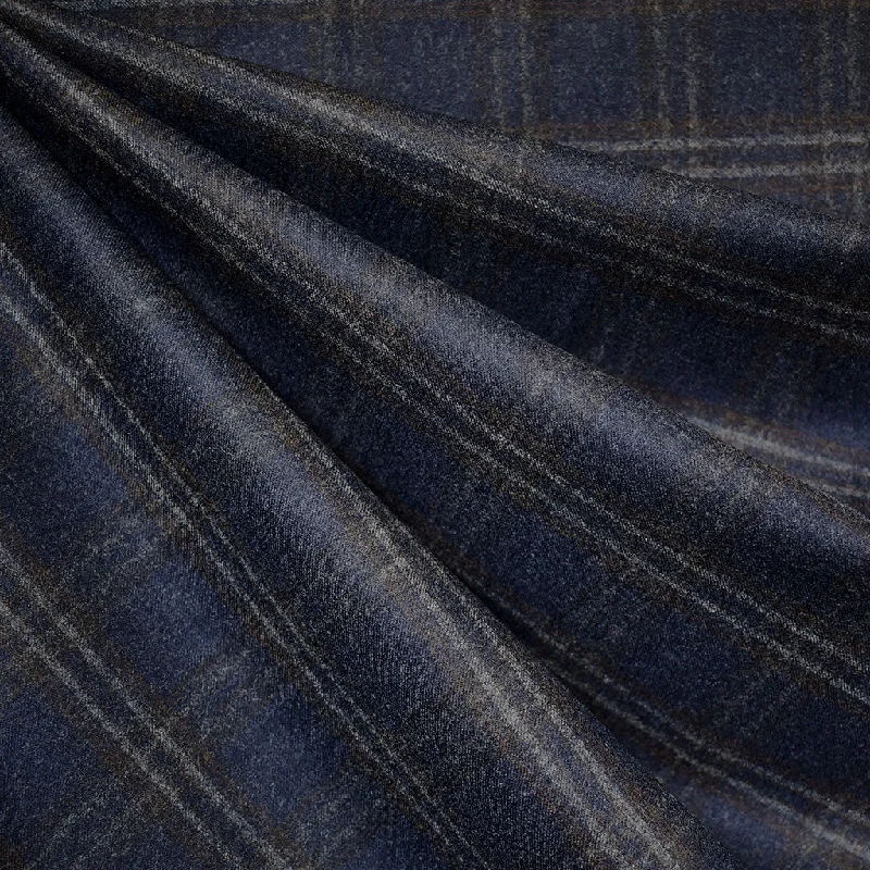 Large Window Grid Plaid Wool Flannel Suiting Navy