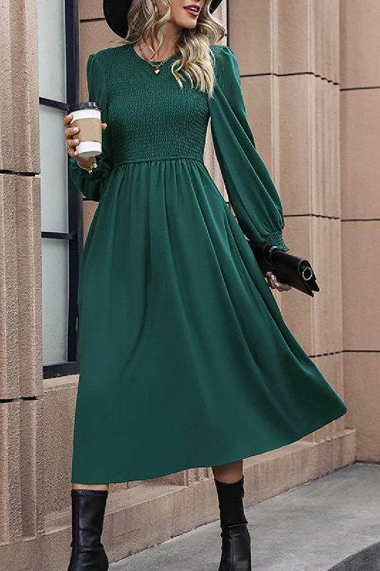 WOMEN SMOCKED LONG SLEEVE SWING LONG DRESS