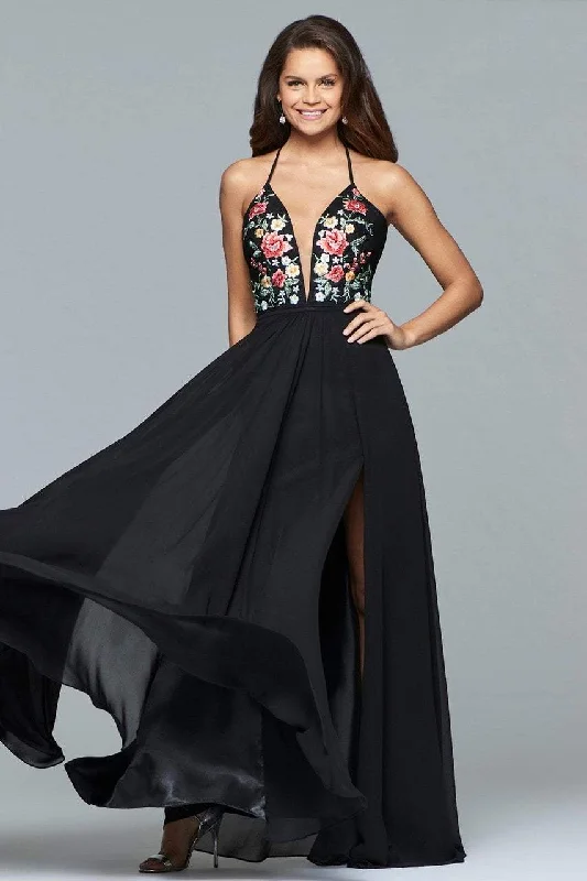 Faviana - Plunging Floral Embroidered Chiffon Gown 10000