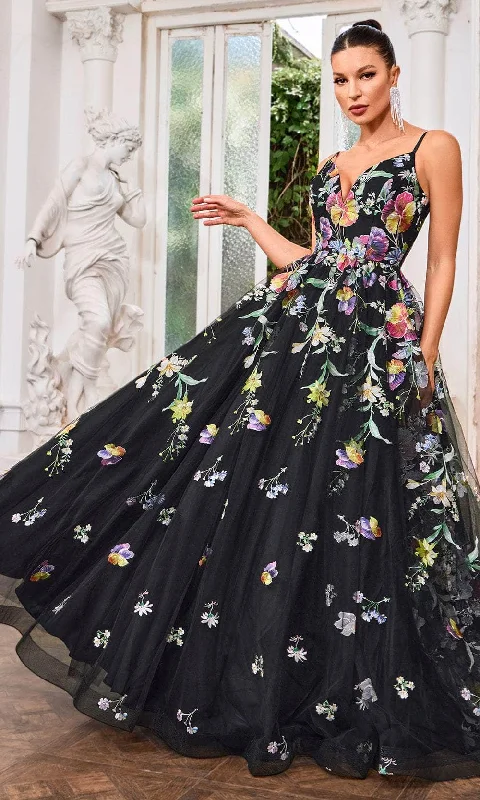 J'Adore Dresses J24046 - Floral Deep V-Neck Evening Gown