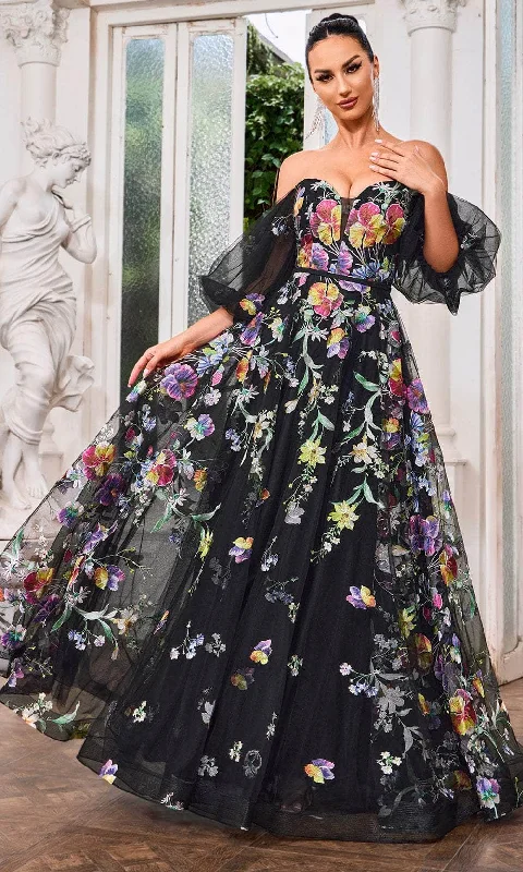 J'Adore Dresses J24047 - Puff Sleeve Floral Evening Gown