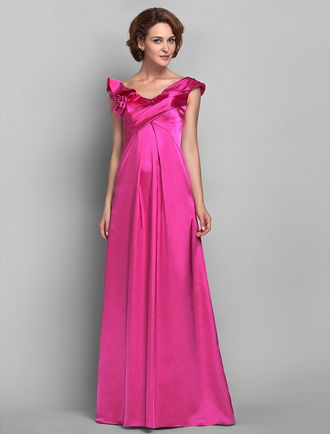 A-Line Mother of the Bride Dress Floral Off Shoulder Floor Length Satin Sleeveless with Ruffles Side Draping Flower