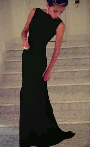 Black Satin Column Prom Dress, PD2310041