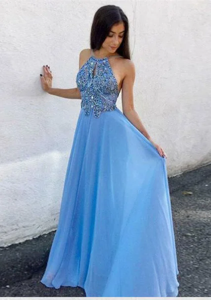 Blue Chiffon Halter Backless Princess A-Line Prom Dress, PD2310042