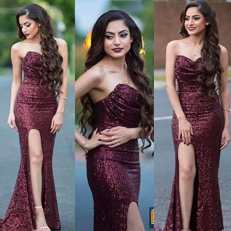 Burgundy Glamour Sheath Prom Dress with Sweetheart Neckline and Side Slit, PD2305113