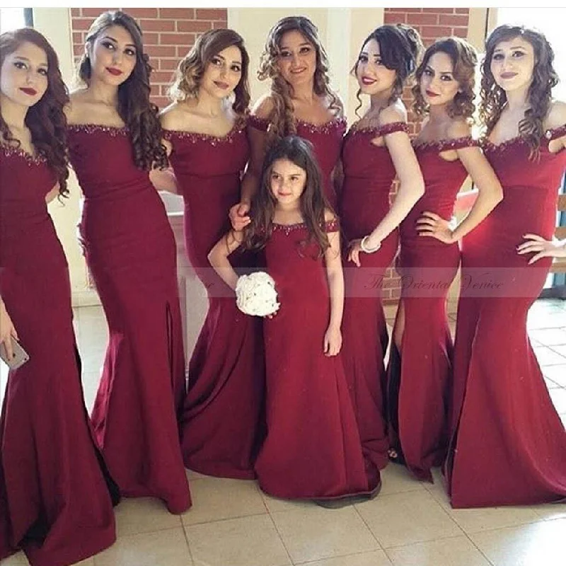 burgundy off shoulder elegant mermaid bridesmaid dresses, BD2022