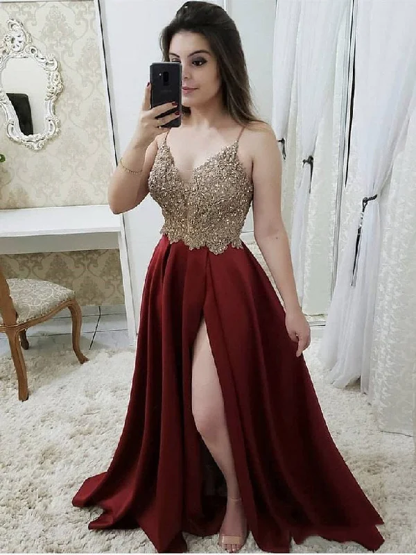 Burgundy Satin Split-front Gold Applique Beaded Spaghetti Straps Sleeveless Prom Dress, PD23031317