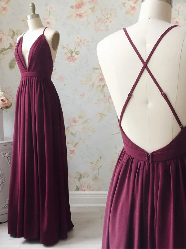 Burgundy V-Neck Backless Prom Dress, Formal Bridesmaid Dress, BD2303115