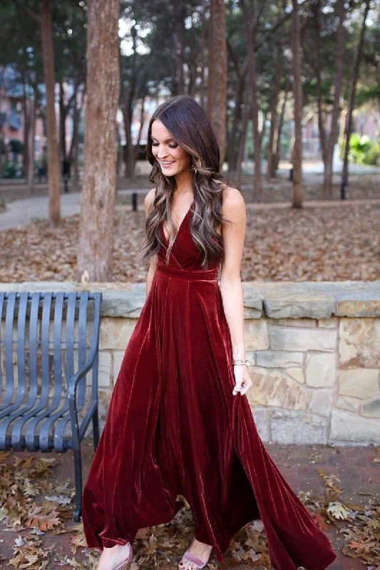 Burgundy Velvet A-Line Prom Dresses with V-Neck and Backless Design, PD23030123