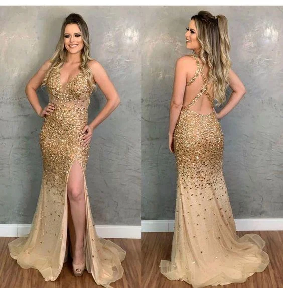 Champagne Crystal Mermaid Prom Dress, PD2306111