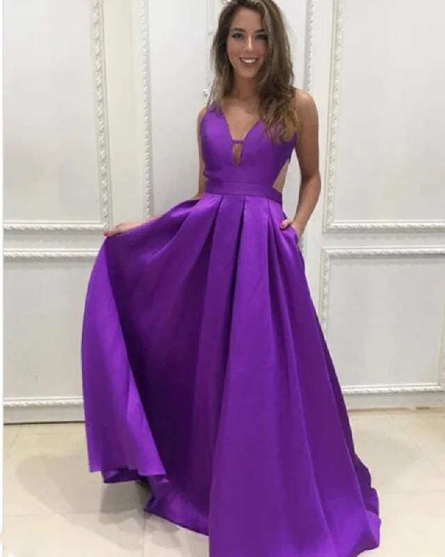 Charming Floor Length  A Line Satin Pocket Deep V Neck Purple Prom Dress PL1022