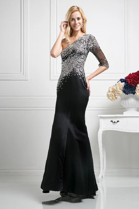 Cinderella Divine - 8789SC Beaded Asymmetric Neck Satin Trumpet Gown