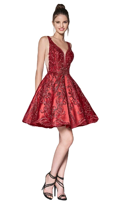 Cinderella Divine - CM302 Embroidered Plunging Sweetheart A-Line Dress