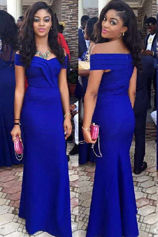 Dark Royal Blue Prom Dresses Off The Shoulder Mermaid Floor Length Satin,JL20082