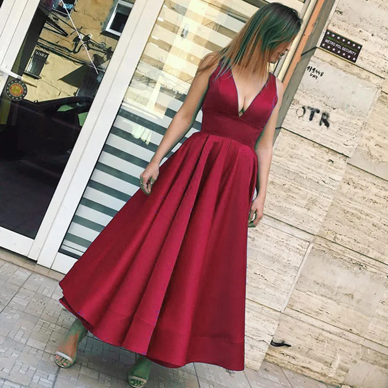 Deep V Neck Prom Dresses  Tea Length  Satin A Line Women Formal Evening Dress