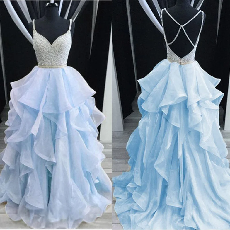 Dreamy Spaghetti Cross Back Beading Tiered Organza Girls Senior Dresses 2020 Prom Beaded Graduation Gown