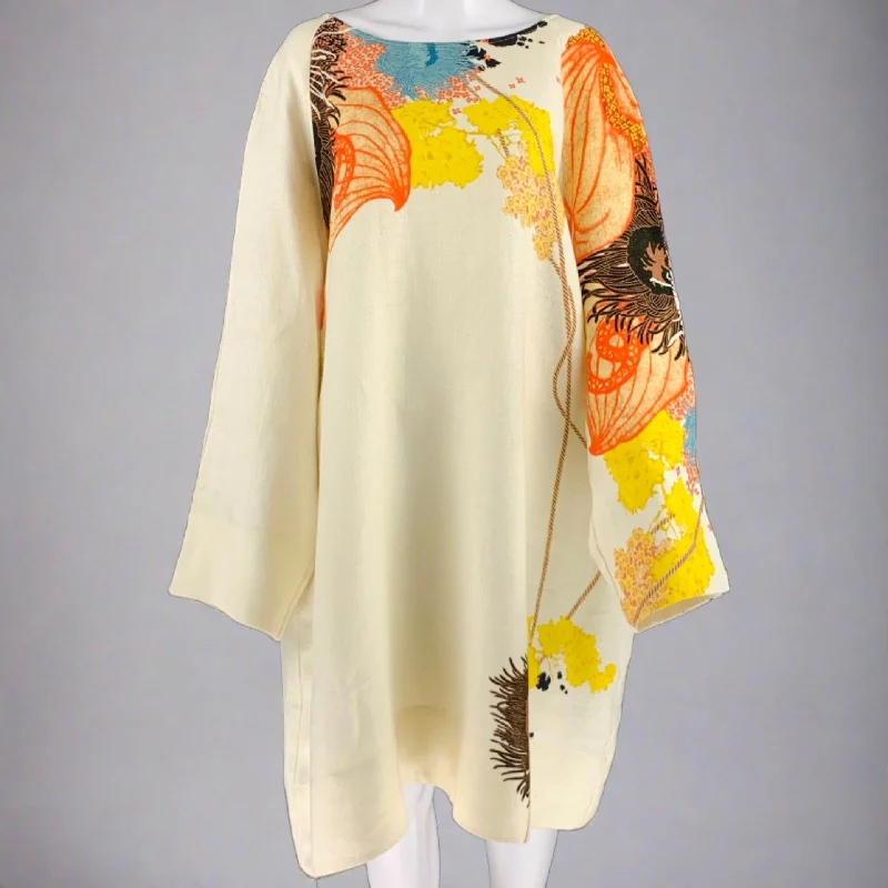 DRIES VAN NOTEN Size S Cream Multi Color Linen Abstract Floral Oversized Dress