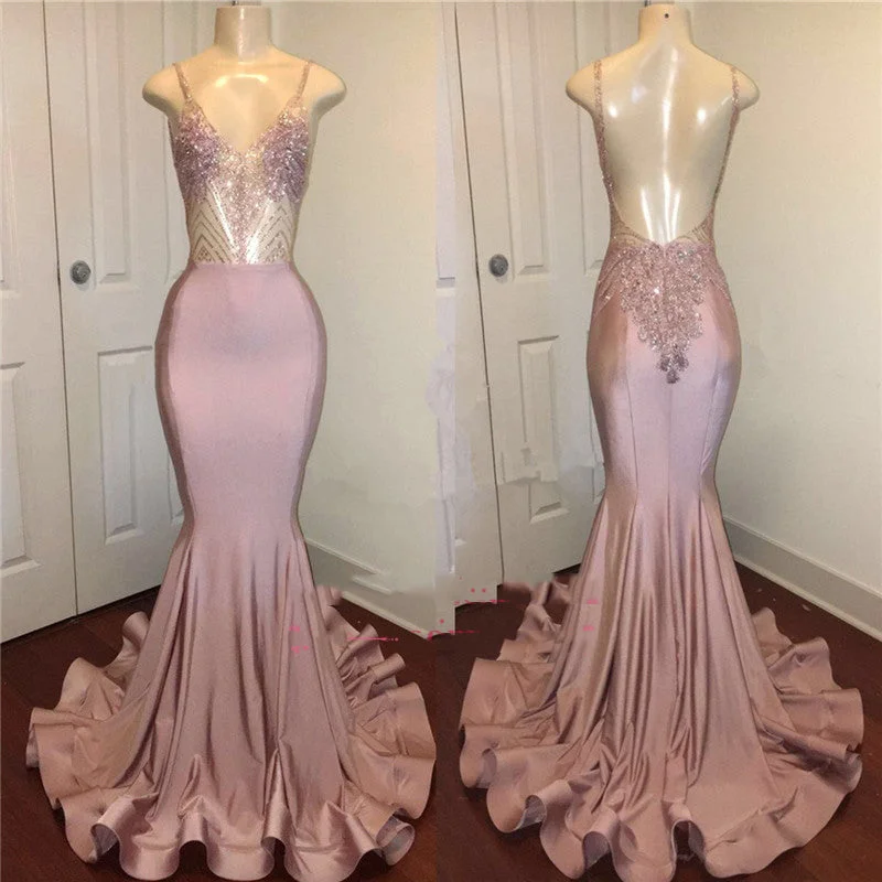 Dusty Rose Beaded V-Neck Backless Sheath Prom Dress, PD2305086